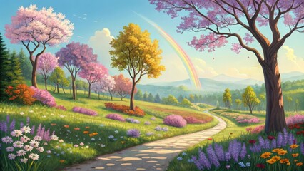 Whimsical Spring Landscape Rainbow, Blossoming Trees, and Flower Path