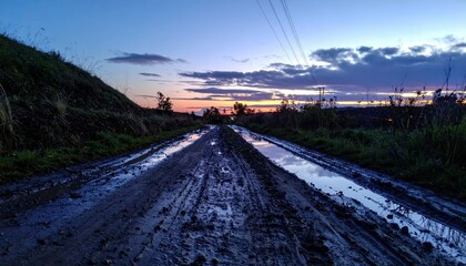 Fototapeta premium Muddy Road at Dusk Under a Soft Colorful Sky with Reflections