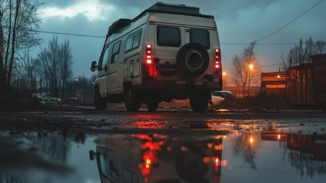 A white van parked on a wet road
