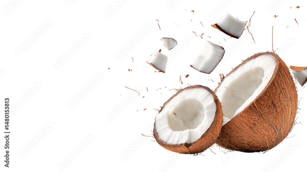 Poster exploding coconut halves on black background