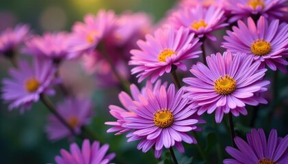 Obraz premium Vibrant purple aster flowers densely clustered , blossom, macro, nature