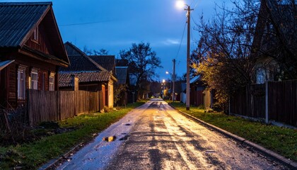 Serene Evening Street in a Quiet Village with Reflections on Wet Pavement