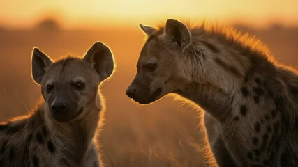 Close up of spotted hyena pair with beautiful backlight at sunset video. Two wild hyenas showing intimate affection, love and social bonding. World Hyena Day April 27.