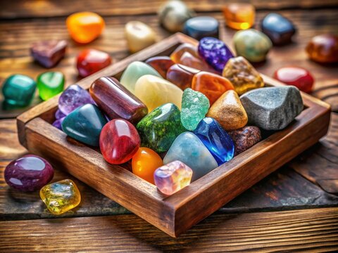Polished Gemstones in Wooden Tray: Lithotherapy Healing Crystals