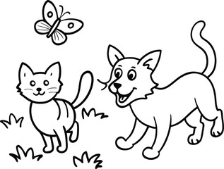 Fototapeta premium A cute cartoon set features a smiling cat, dog puppy, and other fun animal characters like a rabbit and pig, presented as a vector illustration