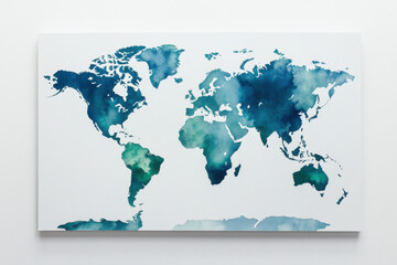 Watercolor world map painting hanging on white wall