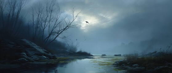 Misty landscape with foggy river and trees.