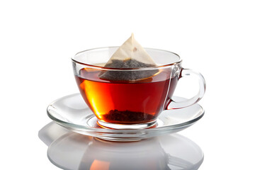 A clear glass cup of tea with a tea bag sitting on a clear saucer against a black background