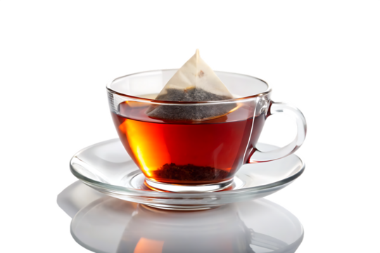 A clear glass cup of tea with a tea bag sitting on a clear saucer against a black background