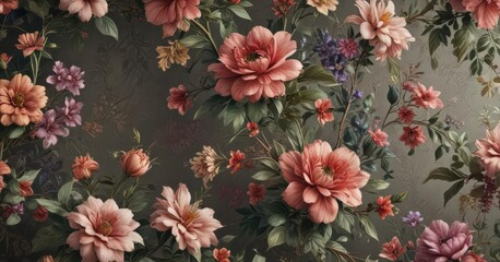 Intricate faux floral wallpaper; aged effect & vibrant blooms, floral wallpaper, brown