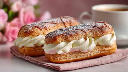 Two Cream Puffs with Whipped Cream and Pink Filling on Pink Napkin near Coffee and Roses