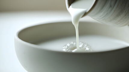 A white bowl with milk in it
