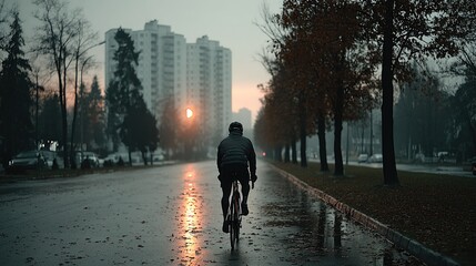 Cyclist riding on a wet road at dusk