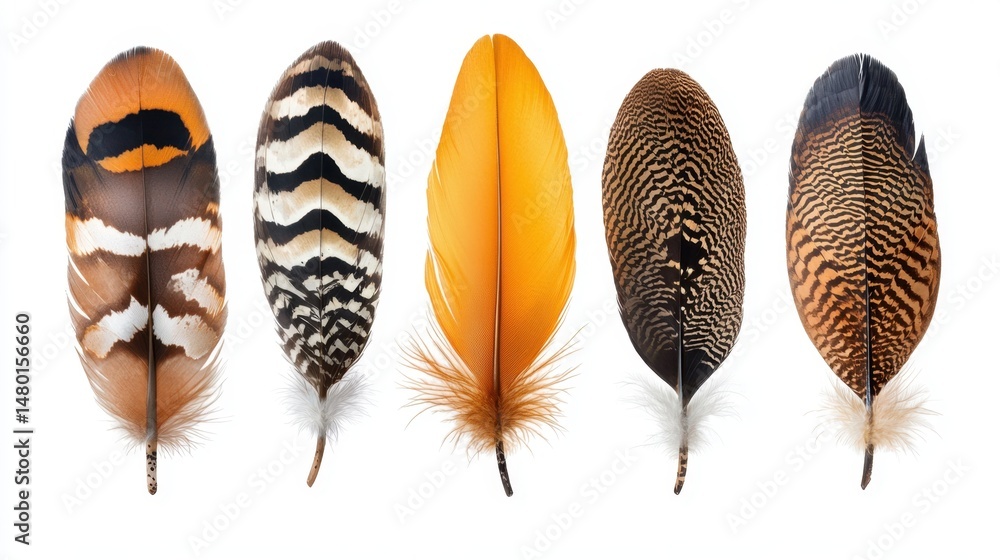 Aufkleber set of natural brown feathers with unique black patterns isolated on white background