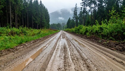Fototapeta premium Muddy Forest Road Under Cloudy Sky with Mountain Background