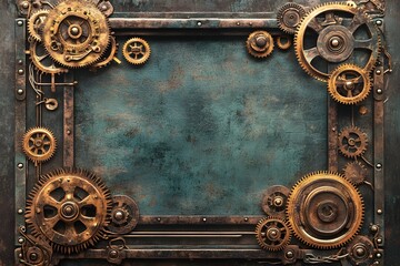 Antique steampunk mechanical frame with intricate brass gears and detailed textured background