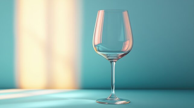 Elegant Clear Wine Glass on Blue Table with Soft Light and Shadow Effects for Modern Interior Decoration