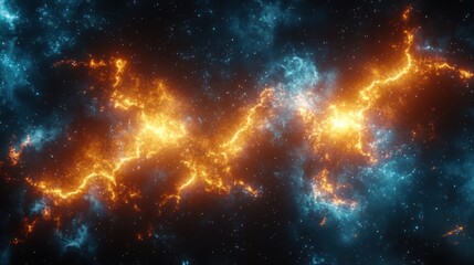 Obraz premium Dramatic wide angle view of a cosmic nebula with orange and blue colors in deep dark space with many stars