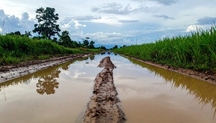 Tranquil Landscape with Water Reflection in Rural Pathway