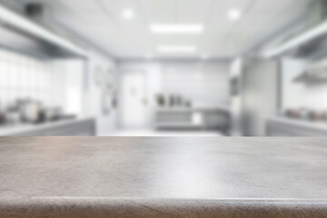 Empty wooden kitchen counter mockup, product display background. Wood table top on marble, blurred interior. Modern style home kitchen, restaurant advertising. Copy space