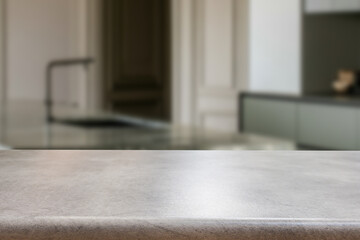 Empty wooden kitchen counter mockup, product display background. Wood table top on marble, blurred interior. Modern style home kitchen, restaurant advertising. Copy space