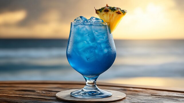Vibrant blue cocktail with pineapple garnish on a wooden table by the ocean at sunset
