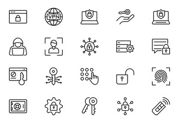 Security line icons set. Guard, cyber security, password, smart home, safety, data protection, key, shield, lock, unlock, eye access. Vector illustration.