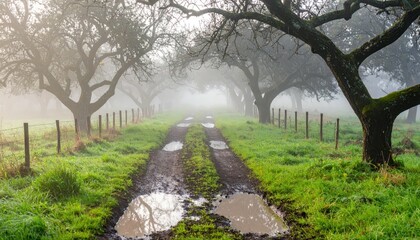 Obraz premium Misty Dirt Path Through Foggy Orchard Landscape in Early Morning