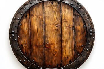 Fototapeta premium Antique wooden viking shield with metal rim and rivets centered on white background