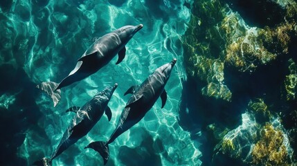 Fototapeta premium Three dolphins swim in clear turquoise water over vibrant coral reefs