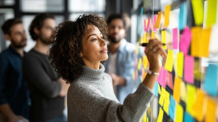 Women looking at sticky notes on office wall,creativity or inspiration during brainstorming session.