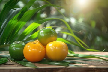 Fresh kedondong fruits, green and yellow skin with smooth texture, placed on a wooden table