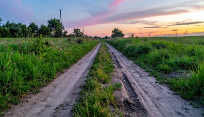 Naklejka premium Serene Country Road at Sunset Surrounded by Lush Greenery