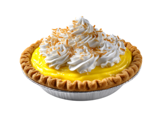 A realistic photograph of a yellow pie with coconut and whipped cream, on a transparent background