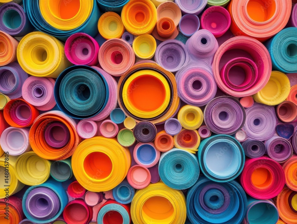 Poster abstract overhead view of colorful rolled paper art installation bright and cheerful design elements