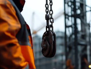 Construction Worker with Crane Hook at Industrial Site