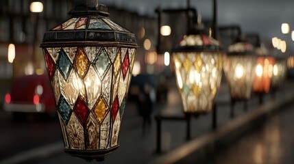 Decorative mosaic lanterns along street