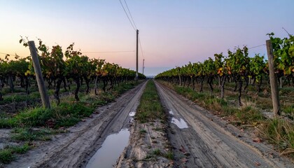 Fototapeta premium Serene Vineyard Pathway Under Soft Twilight Sky at Dusk