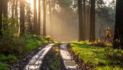 Obraz premium Serene Forest Pathway Surrounded by Tall Trees and Soft Light