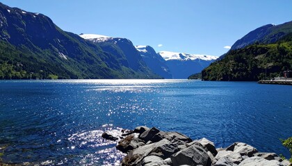Serene Mountain Lake with Stunning Blue Waters and Snowy Peaks