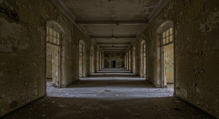 Abandoned Asylum Hallway with Peeling Paint and Arched Doorways | Creepy Derelict Hospital Interior for Horror Movie Backdrops, Urban Exploration Photography and Haunted House Designs