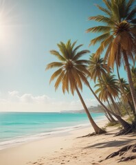Obraz premium Sun-drenched palm trees, soft sand, turquoise ocean Vintage film grain , landscape, shore, tropical