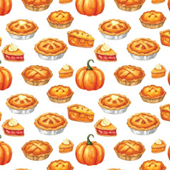 Seamless Watercolor Pumpkin Pie and Pumpkin Pattern