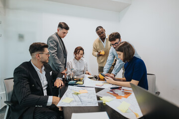 A group of diverse business employees engages in a collaborative brainstorming session. They're...
