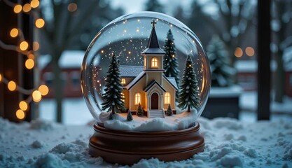 Snow globe featuring a church with lights surrounded by pine trees   - Powered by Adobe