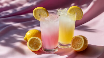 Fototapeta premium Refreshing pink and yellow lemonade with lemon slices on pink fabric with sunlight