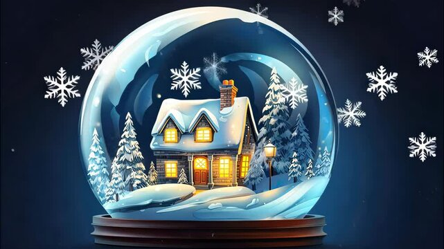 Magical glass ball with tiny modern cozy winter house inside on dark background. Snow globe, illustration. Insurance, moving, mortgage, rent and purchase real estate. 