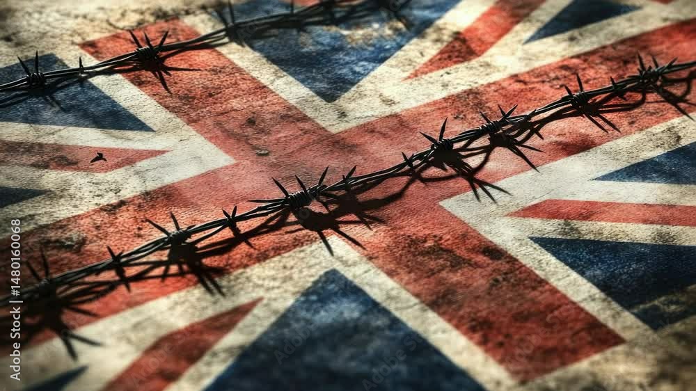 Poster A close-up of barbed wire on a British flag, perfect for use in patriotic or security-themed contexts
