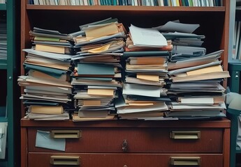 Fototapeta premium Piles of Documents on a Wooden Desk