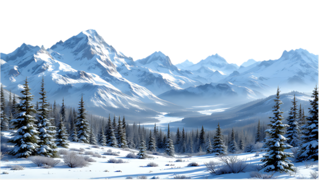 Snowy mountain range landscape with evergreen trees